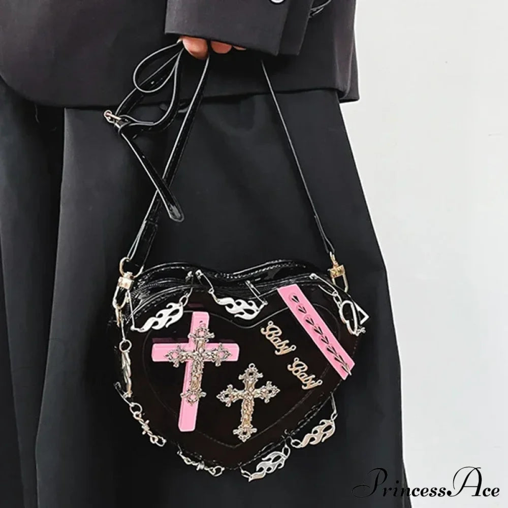 Heart-Shaped Leather Gothic Punk Crossbody Metal Decoration Shoulder Bag Halloween