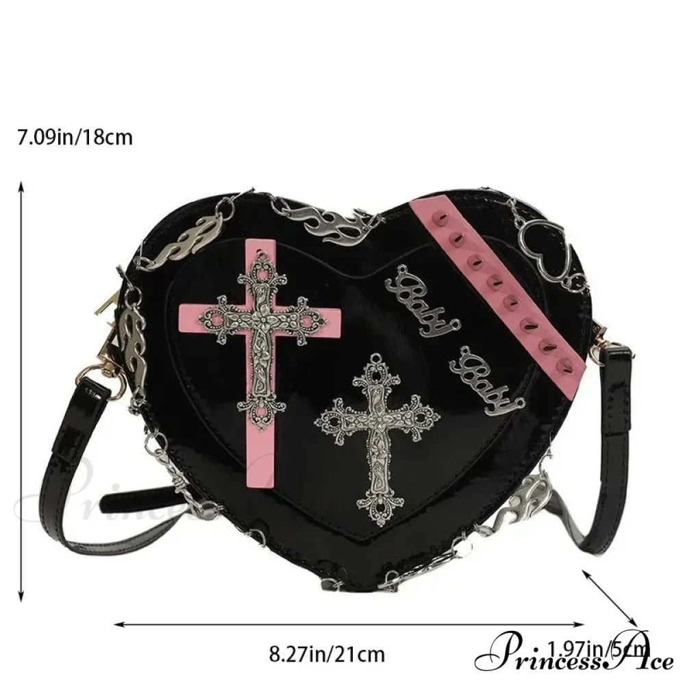 Heart-Shaped Leather Gothic Punk Crossbody Metal Decoration Shoulder Bag Halloween