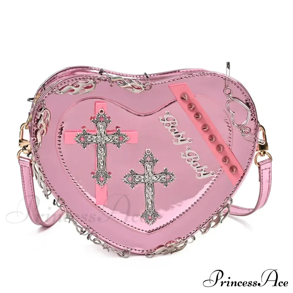 Heart-Shaped Leather Gothic Punk Crossbody Metal Decoration Shoulder Bag Pink Halloween