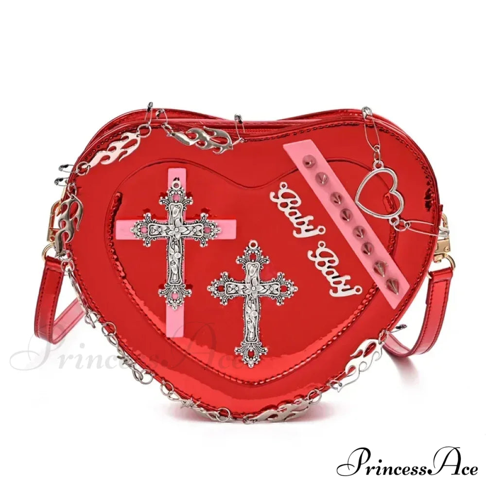 Heart-Shaped Leather Gothic Punk Crossbody Metal Decoration Shoulder Bag Red Halloween