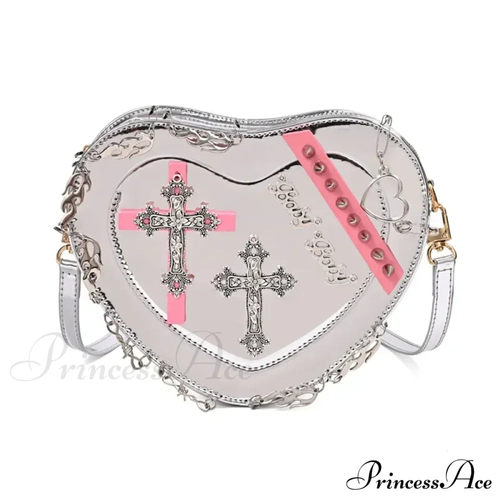 Heart-Shaped Leather Gothic Punk Crossbody Metal Decoration Shoulder Bag Silver Halloween