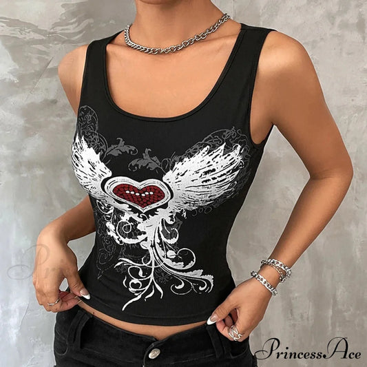 Heart & Wings Printed Gothic Dark Fairy Grunge Crop Top Black / S Halloween