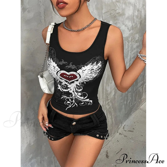 Heart & Wings Printed Gothic Dark Fairy Grunge Crop Top Halloween