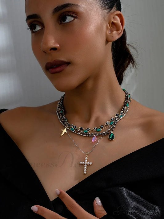 Heavy Layered Cross Imitation Pearl Elegant Necklace Green Halloween