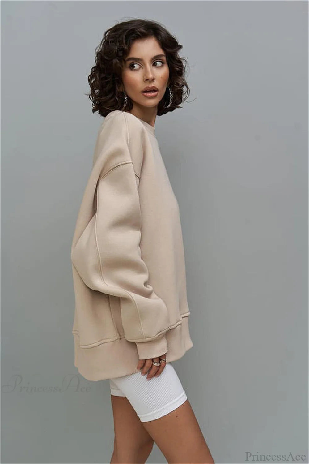 Heavy Rib Tag Print Slouchy Oversized Crewneck Sweatshirt Apricot / One Size