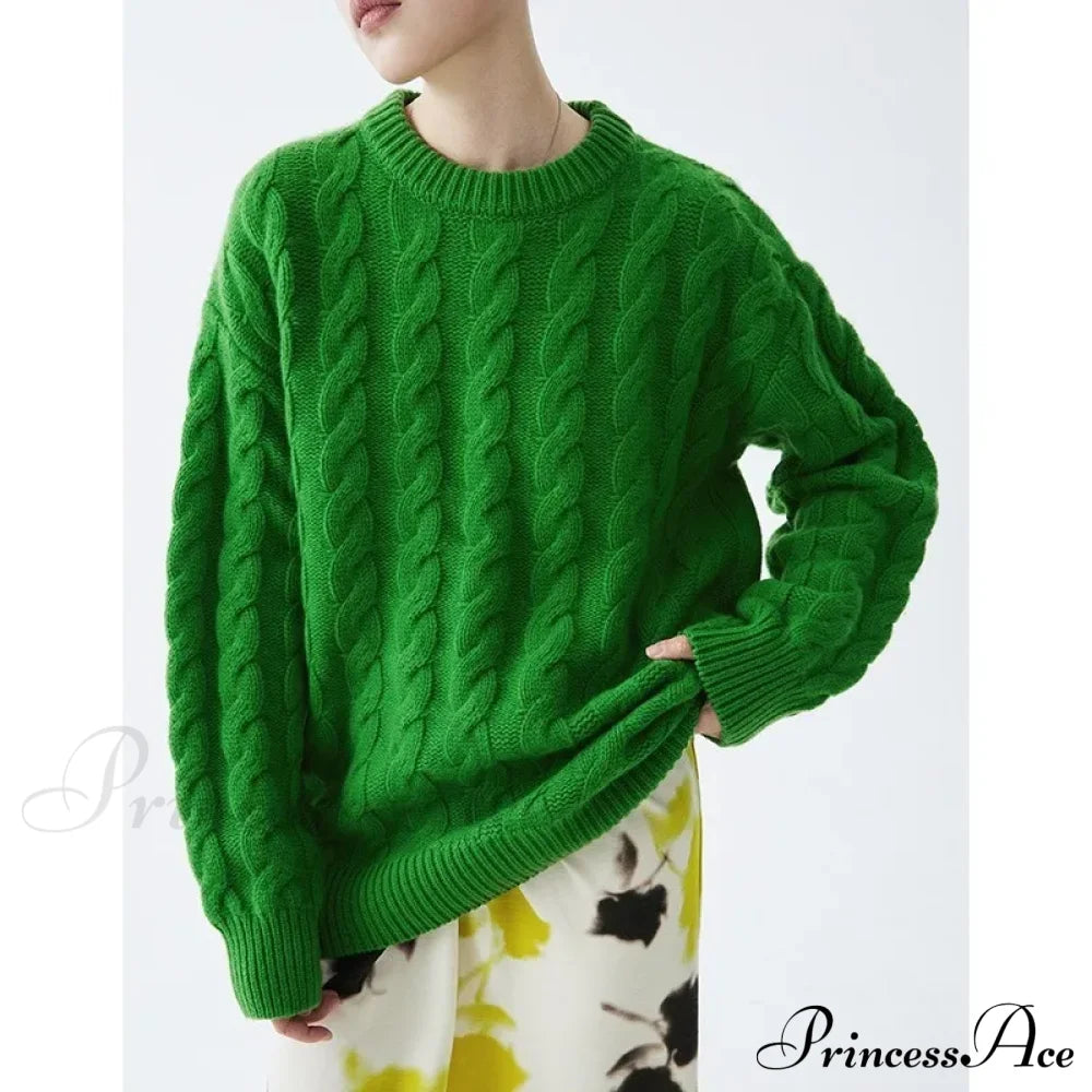 Heavy Weight Merino Woolen Versatile Lazy Loose Round Neck Twisted Flower Christmas Sweater Green /