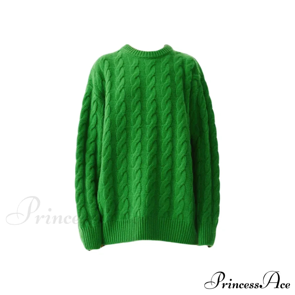 Heavy Weight Merino Woolen Versatile Lazy Loose Round Neck Twisted Flower Christmas Sweater