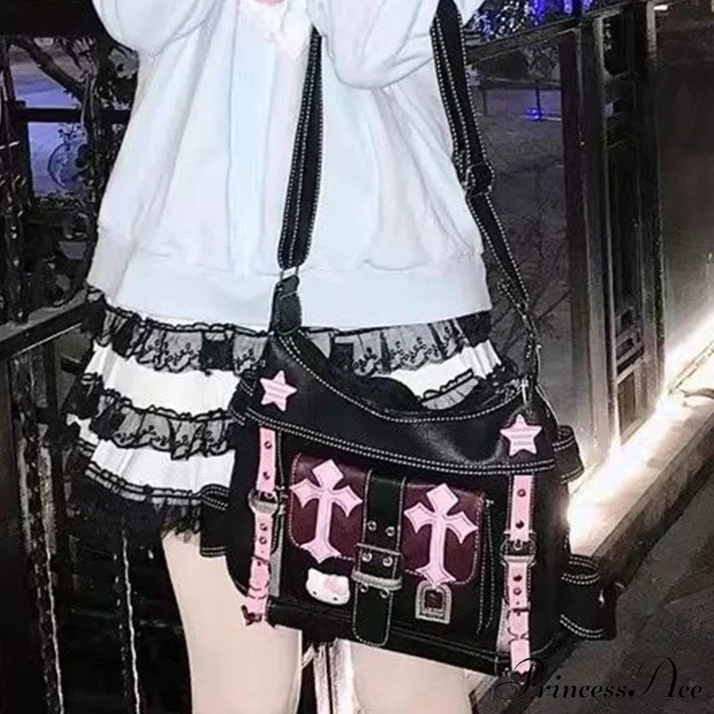 Hello Kitty Gothic Punk Vintage Pink High Capacity Trend Crossbody Bag Halloween