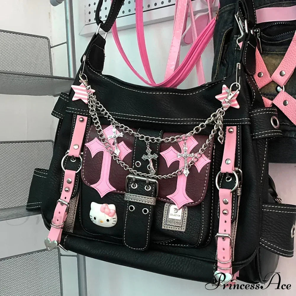 Hello Kitty Gothic Punk Vintage Pink High Capacity Trend Crossbody Bag Halloween