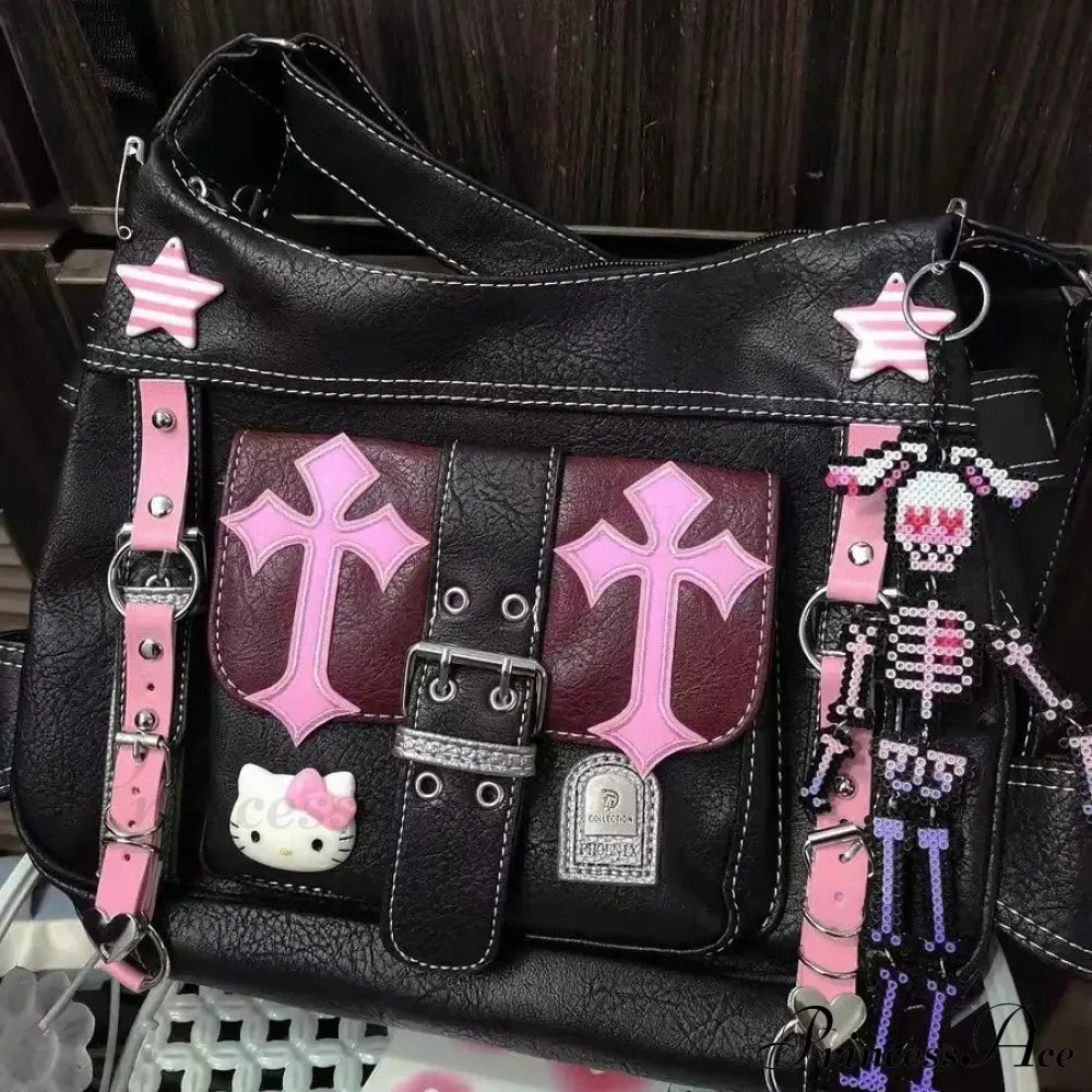 Hello Kitty Gothic Punk Vintage Pink High Capacity Trend Crossbody Bag Halloween