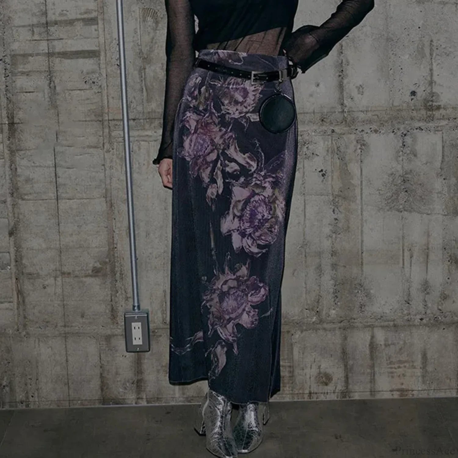 HEYounGIRL Vintage Purple Floral Print Slit Autumn Skirt skirt-250126