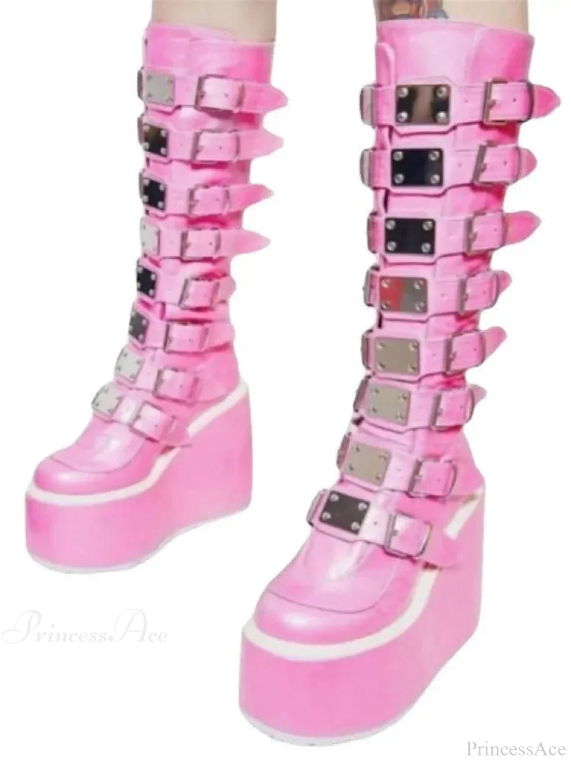 High Black Leather Gothic Elevated Boot pink / 35