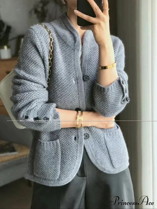 High-End Cashmere Wool Long Sleeve Half Collar Cardigan