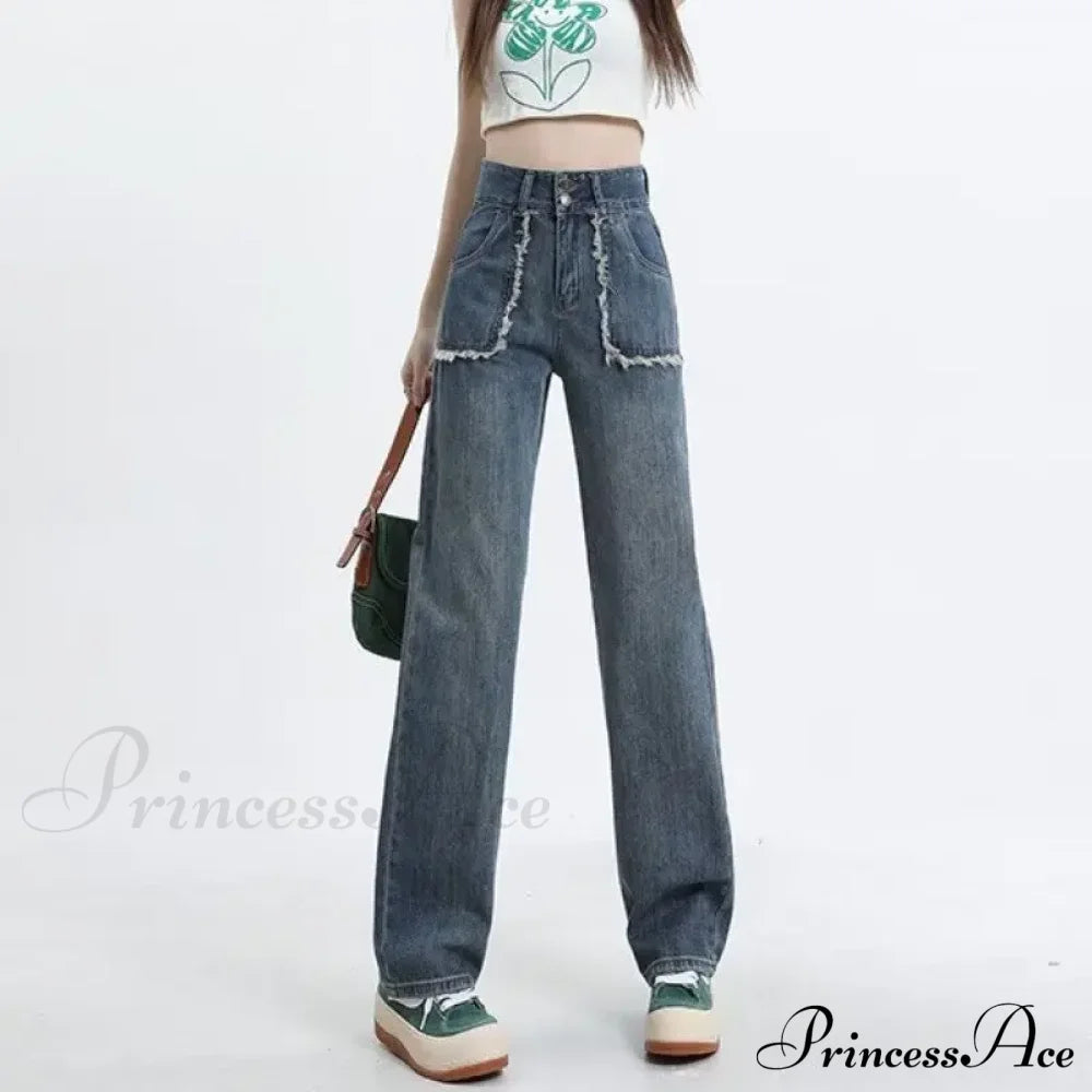 High End Raw Edge Stitching Design Lifting Buttocks Slimming Straight Wash Summer Denim Jean Retro