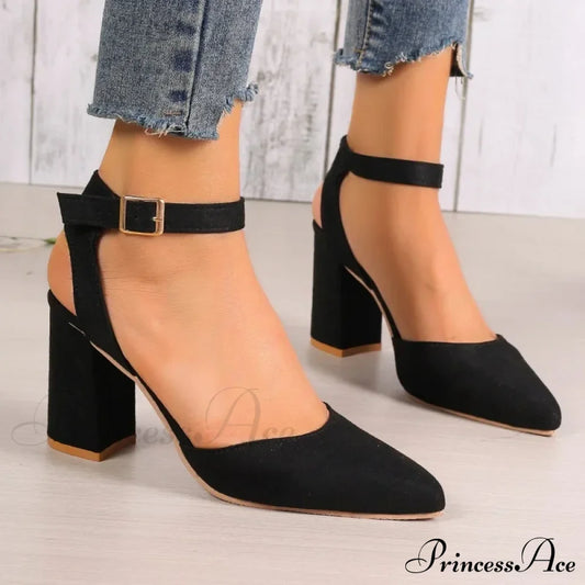 High Heel Pointed Summer Trend Fashion Suede Chunky Shallow Sexy Low Pump Black / 35