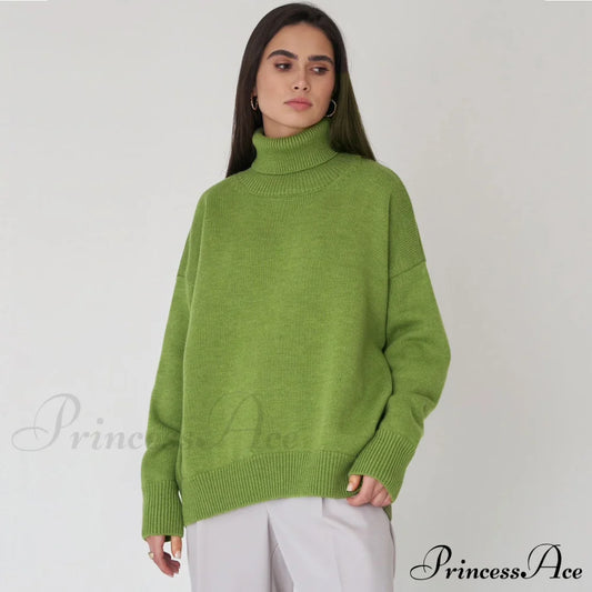 High Low Turtleneck Long Modern Sleeve Sweater - Gray One Size / Olive Sweaters