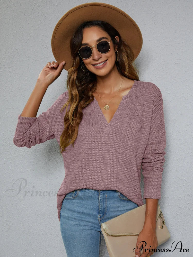 Dropped Shoulder High-Low Waffle-Knit Top Dusty Pink Changeable clothes long sleeve long sleeve shirts long sleeve top Ship From Overseas