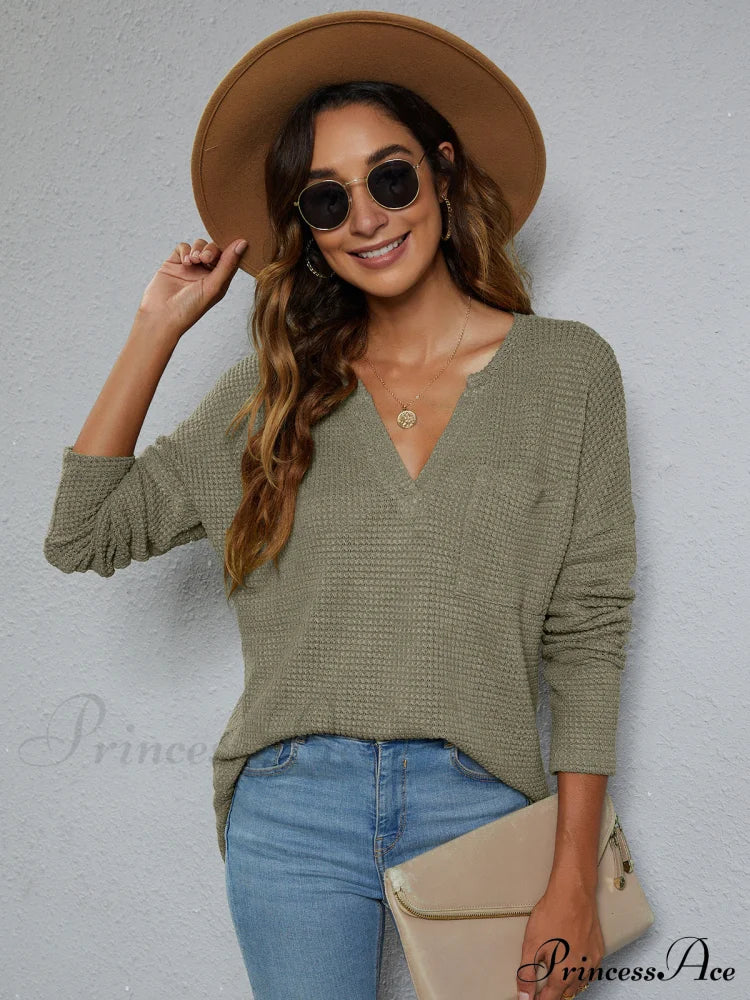 Dropped Shoulder High-Low Waffle-Knit Top Sage Changeable clothes long sleeve long sleeve shirts long sleeve top Ship From Overseas
