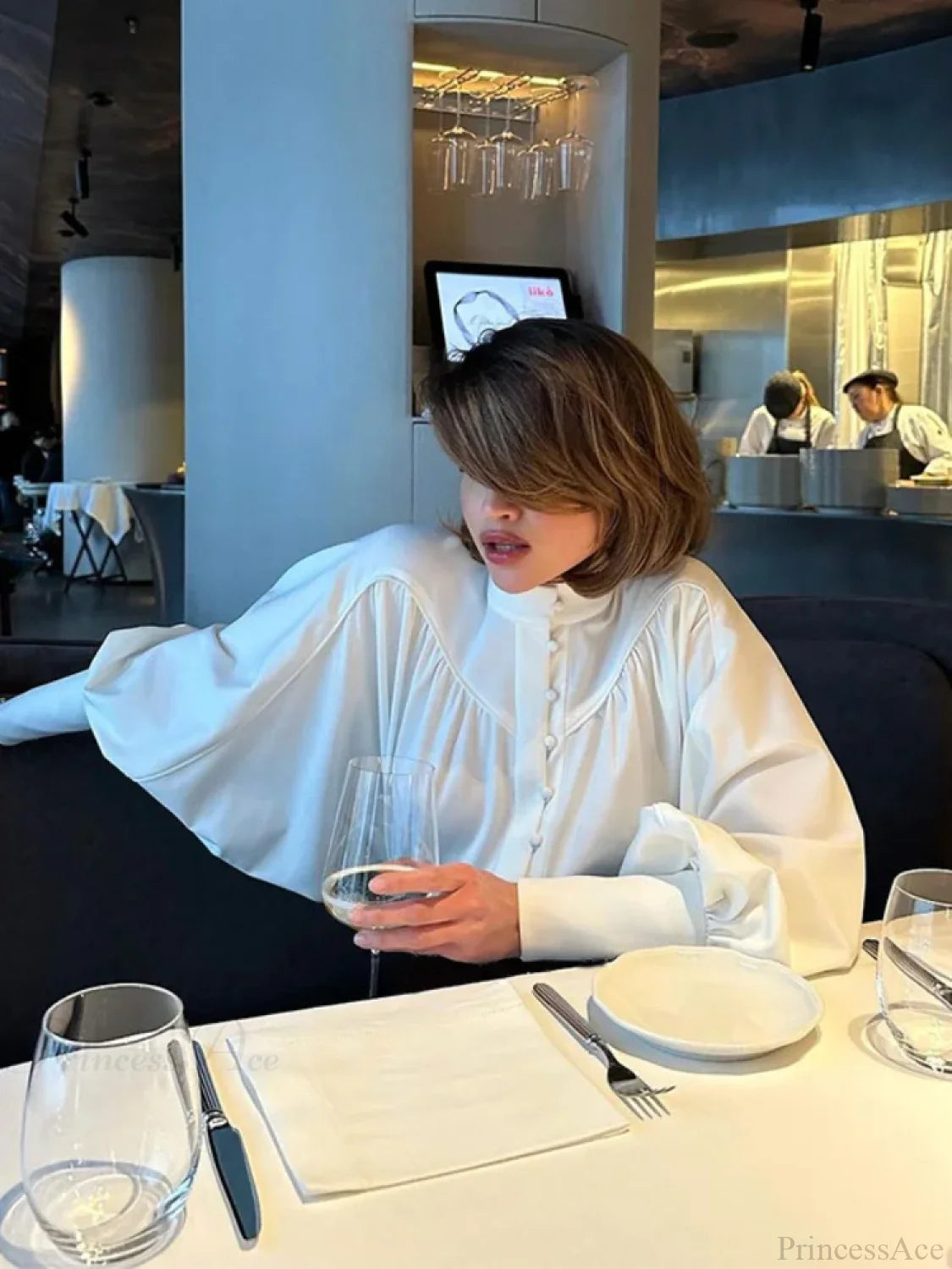 High Neck Fold Bubble Sleeve White Blouse blouse-250223