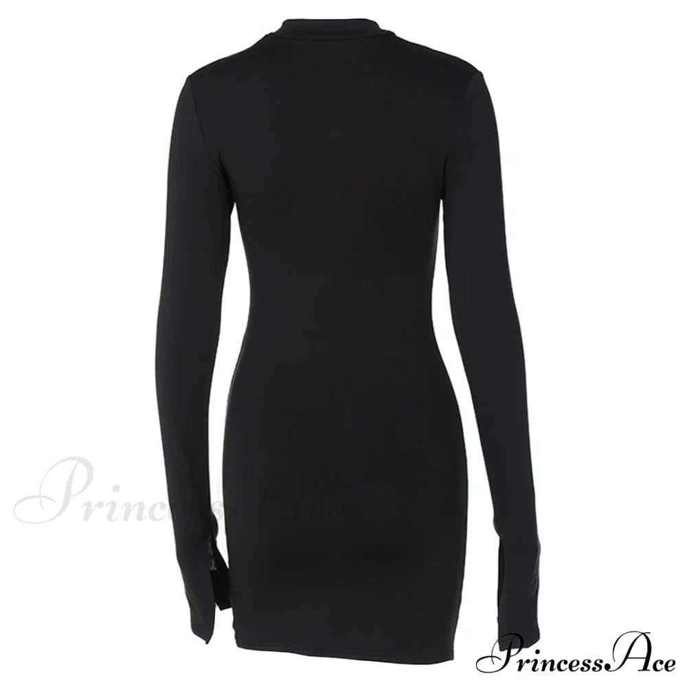 High Neck Long Sleeve Ruched Classic Party Mini Dress - Black Dresses-L