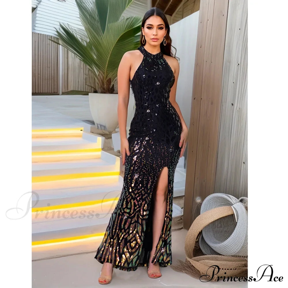 High Neck Sequin Front Slit Party Dress Black / S Partydress-241208