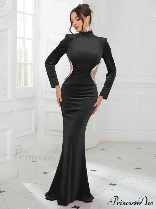 High Neck Velvet Rhinestone Maxi Party Dress Black / S Partydress-241208