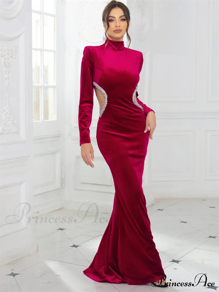 High Neck Velvet Rhinestone Maxi Party Dress Burgundy / S Partydress-241208