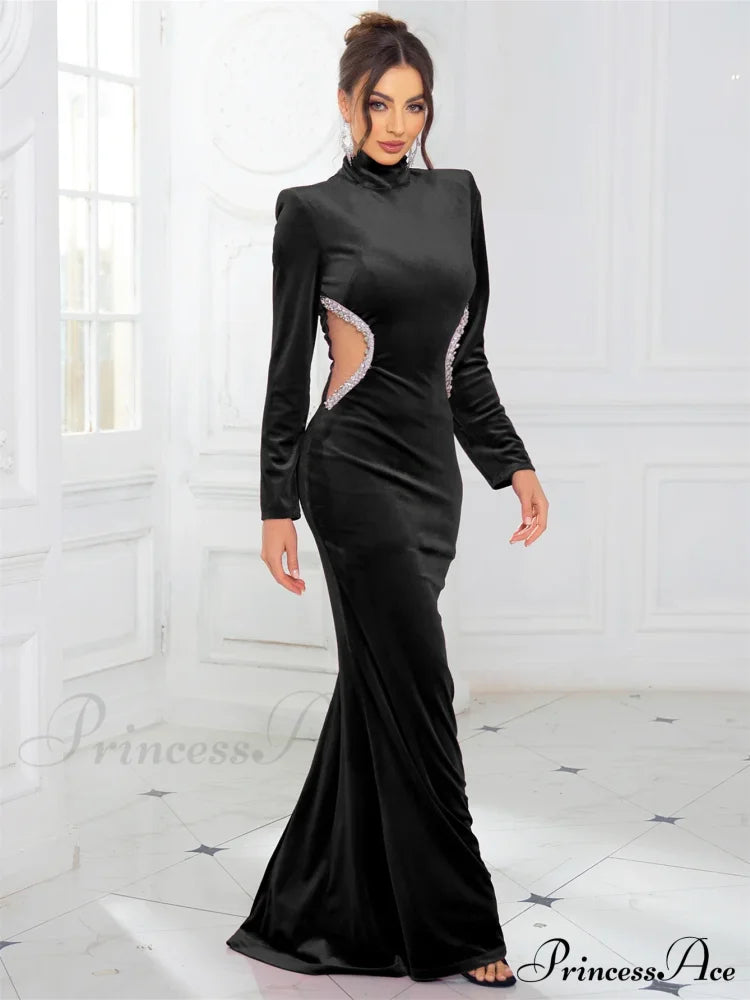 High Neck Velvet Rhinestone Maxi Party Dress Partydress-241208