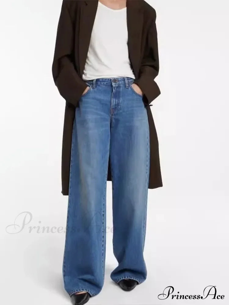 High Quality Autumn New Floor-Length Denim High-Waisted Minimalist Style Loose Wide-Leg Jean Blue /