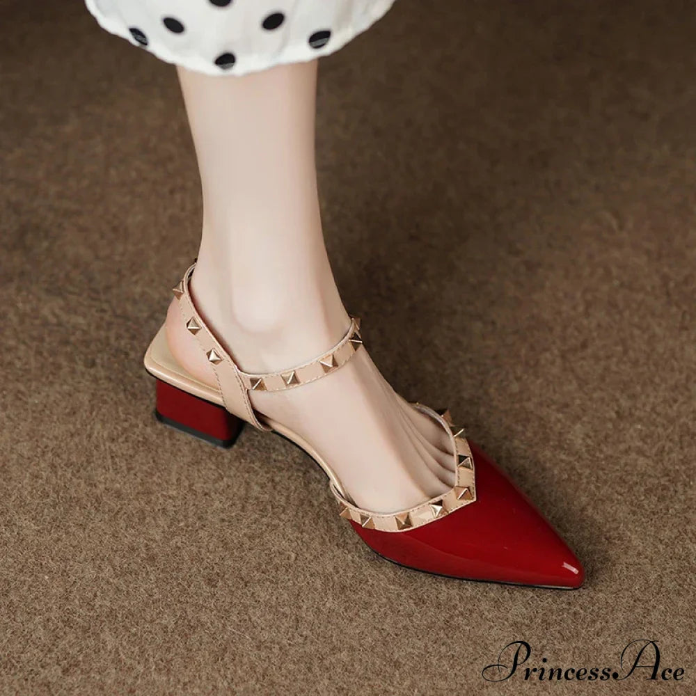 High Quality Classic Rivet Design Slingback Casual Fashion Dating Low Heel Pump Wine Red / 34