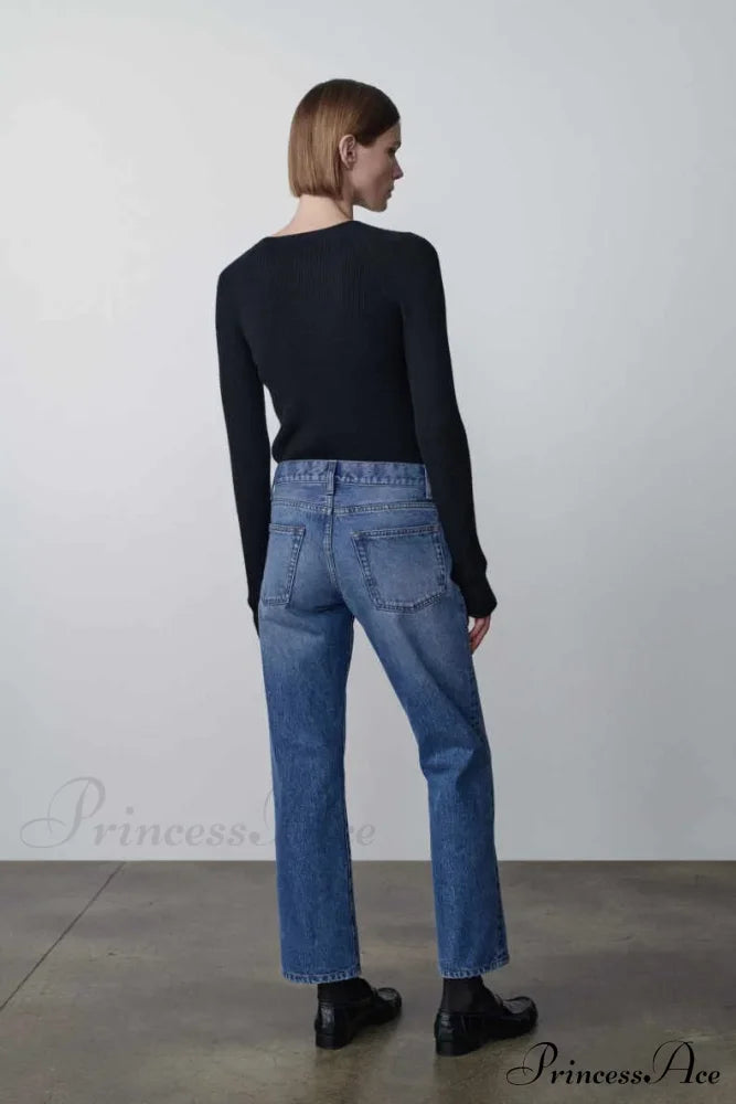 High Quality Fashion Retro Lady Straight-Leg Spring And Autumn Simple Casual Waist Denim Jean