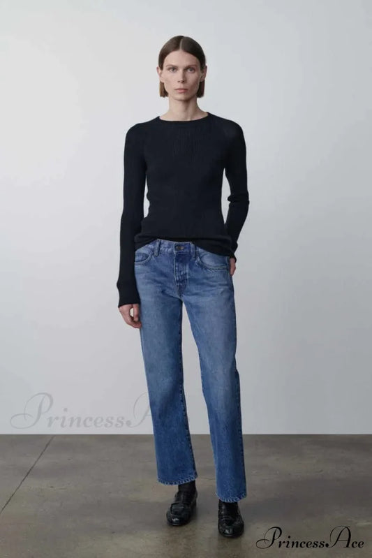 High Quality Fashion Retro Lady Straight-Leg Spring And Autumn Simple Casual Waist Denim Jean Blue