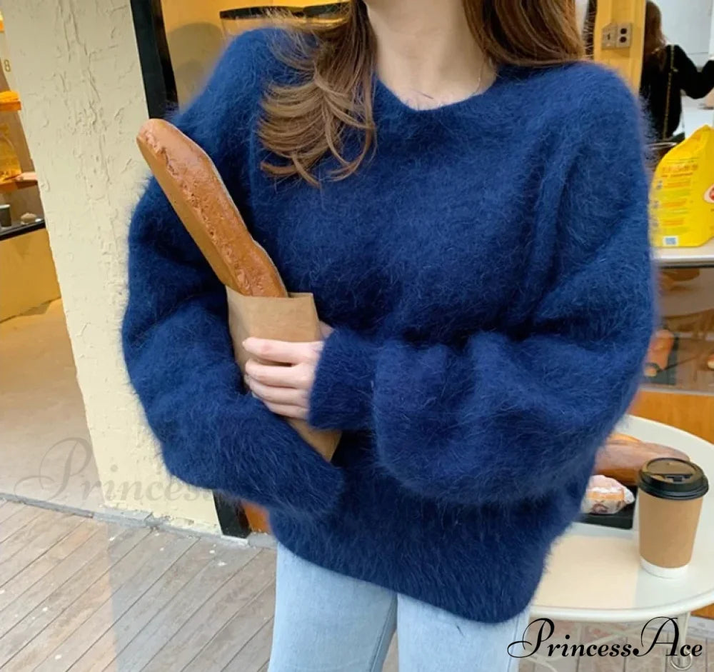 High Quality Mohair Knitted Thick Warm Red Loose New Year Christmas Sweater Blue / One Size