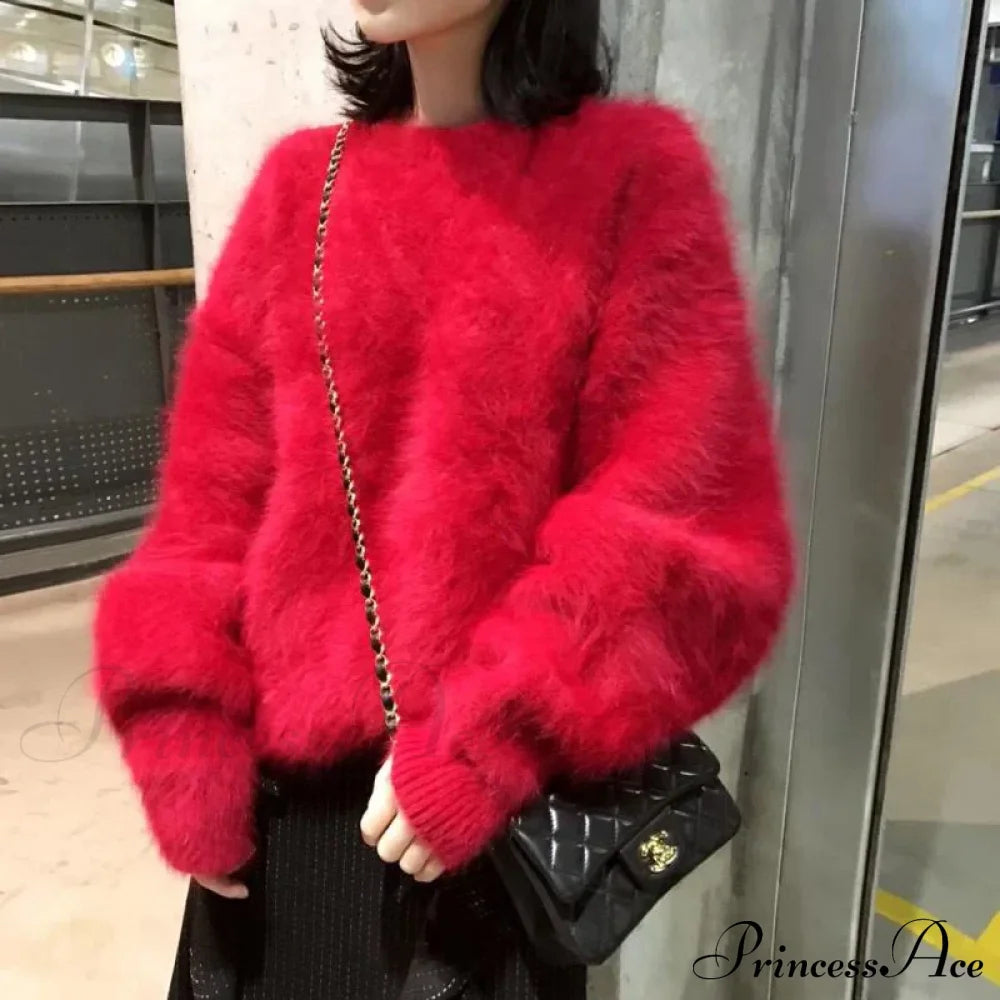 High Quality Mohair Knitted Thick Warm Red Loose New Year Christmas Sweater / One Size Sweaters-L