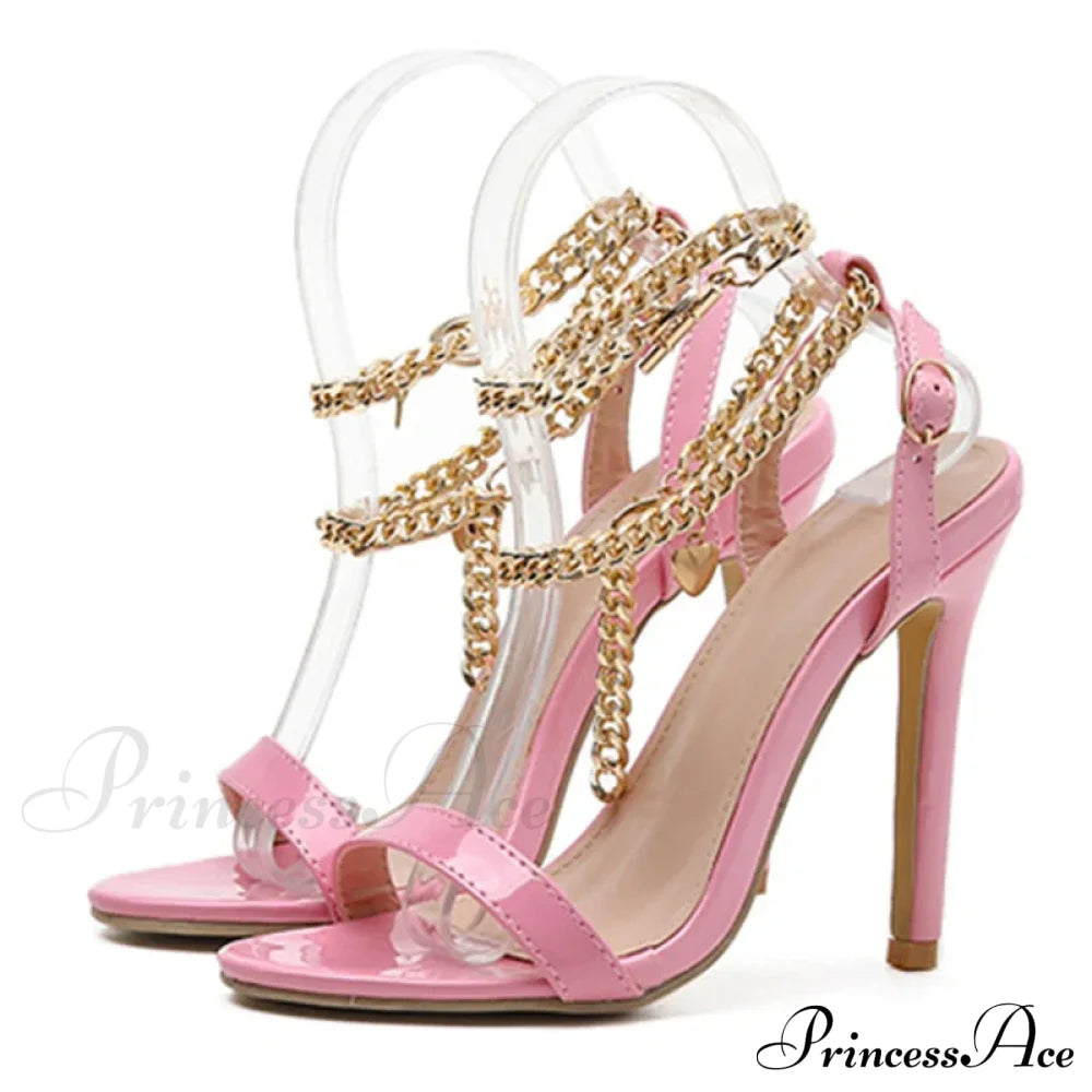 High-Quality Pink Patent-Leather Summer Women’s Shoes Sandals Open-Toe Metal-Chain Ankle-Strap