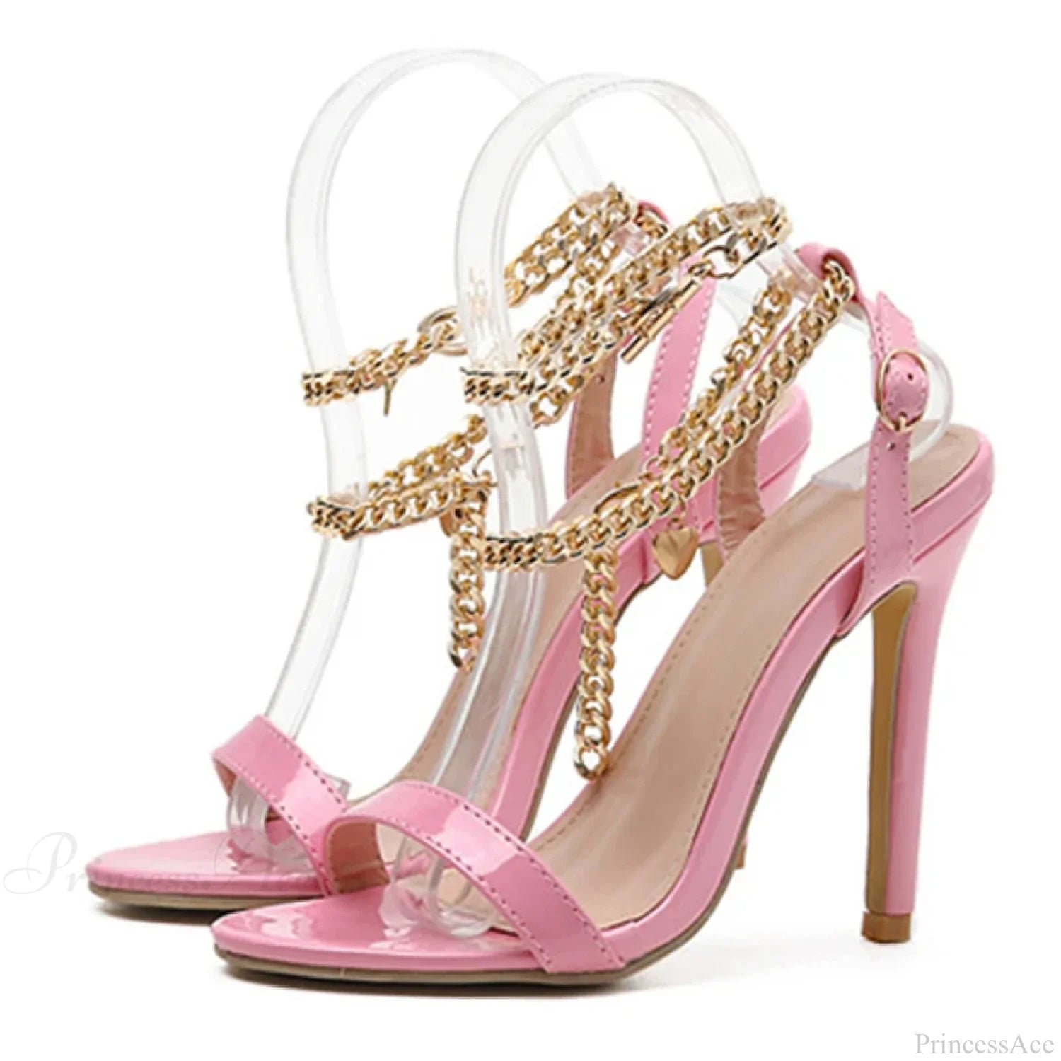 High-Quality Pink Patent-Leather Summer Women’s Shoes Sandals Open-Toe Metal-Chain Ankle-Strap