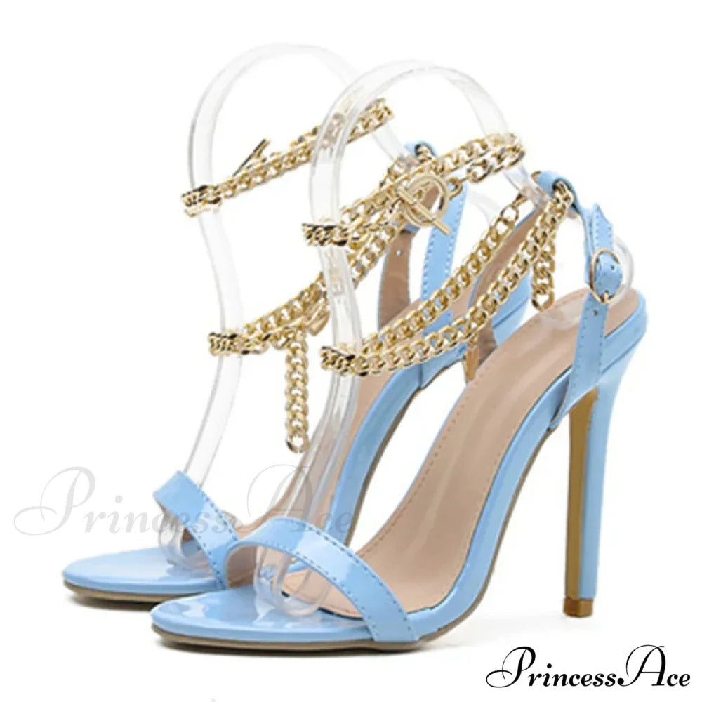 High-Quality Pink Patent-Leather Summer Women’s Shoes Sandals Open-Toe Metal-Chain Ankle-Strap