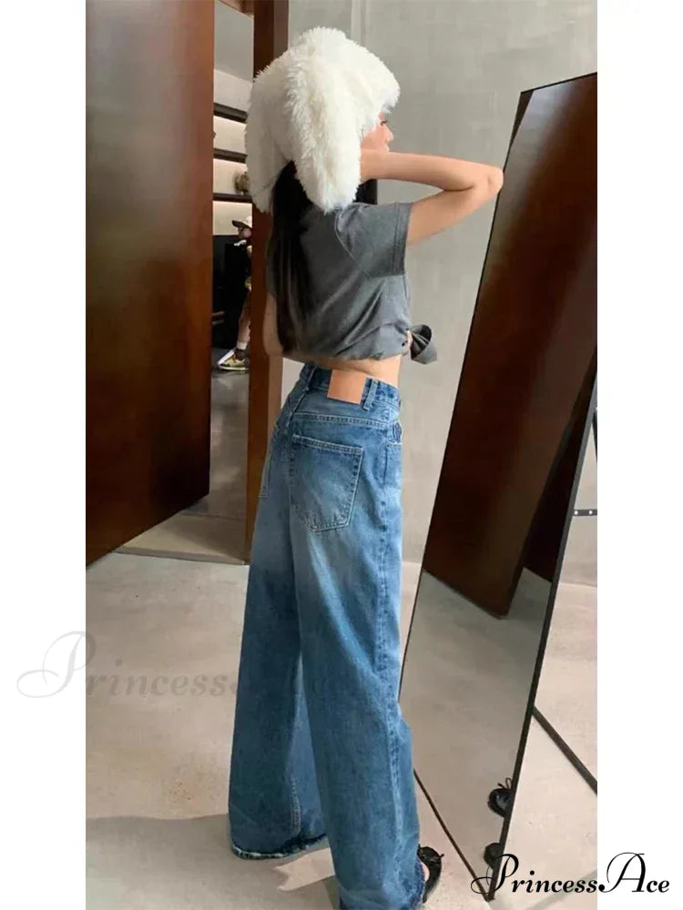 High Quality High-Waisted Vintage Denim Women’s Frayed Versatile Blue Straight Wide-Leg Ladies