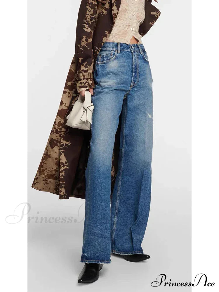 High Quality High-Waisted Vintage Denim Women’s Frayed Versatile Blue Straight Wide-Leg Ladies