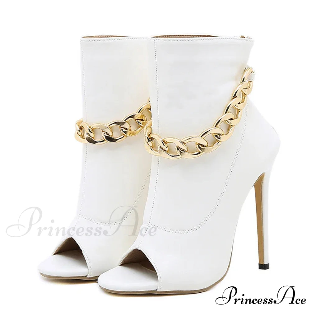 High-Quality White Leather Basic Boots Ankle Sandals Metal-Chain Thin-Heels Peep-Toe Zip Pumps High