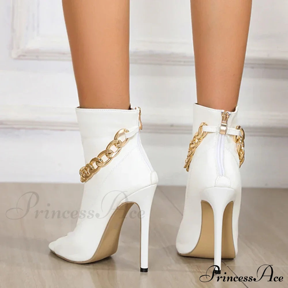 High-Quality White Leather Basic Boots Ankle Sandals Metal-Chain Thin-Heels Peep-Toe Zip Pumps High