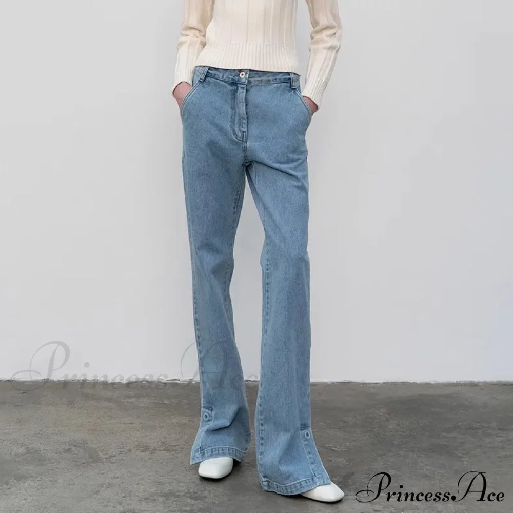 High Quality Women Spring And Autumn All-Match Side Slit Straight Waist Bootcut Jean Blue / Xs