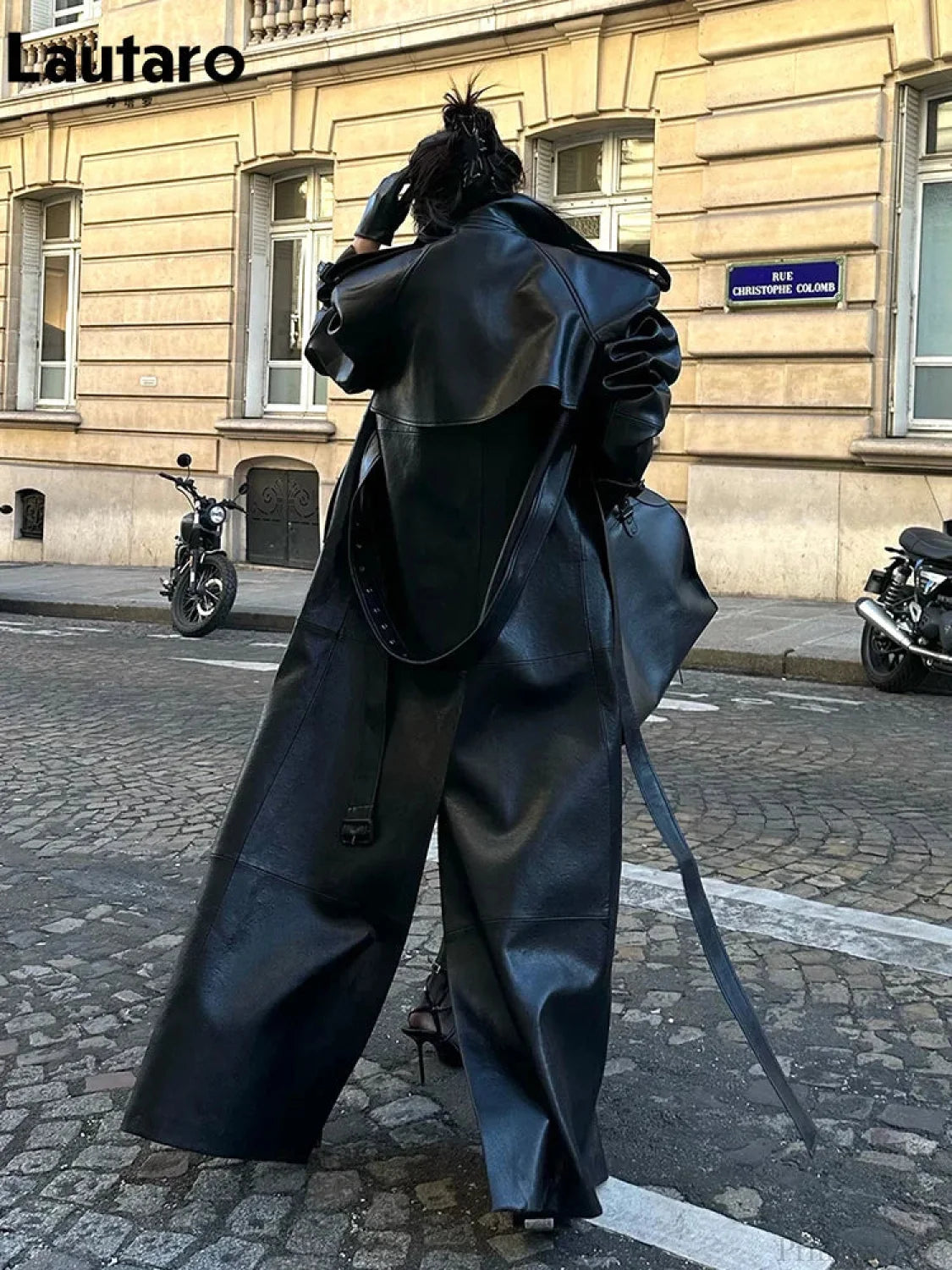 High Slit Black PU Leather Overcoat Black / S