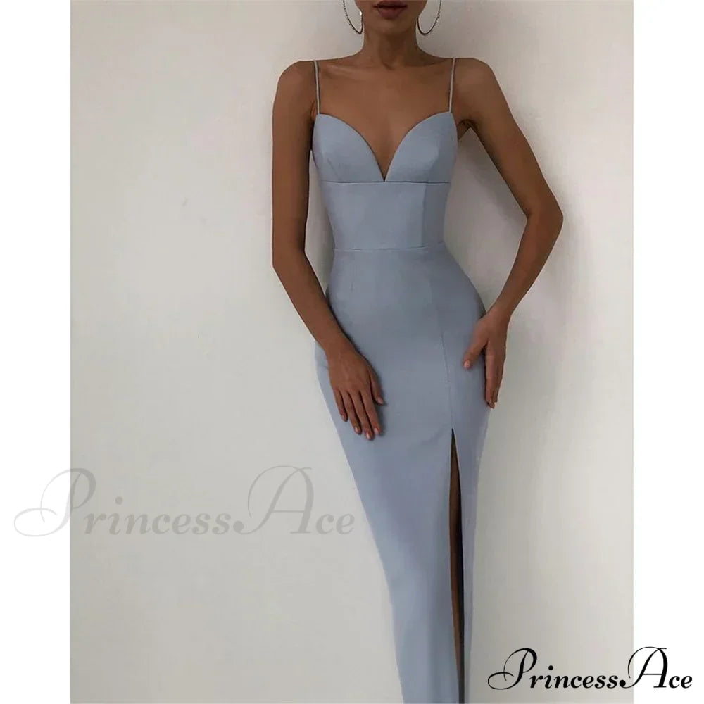 High Slit Bodycon Maxi Dress Light Blue / S