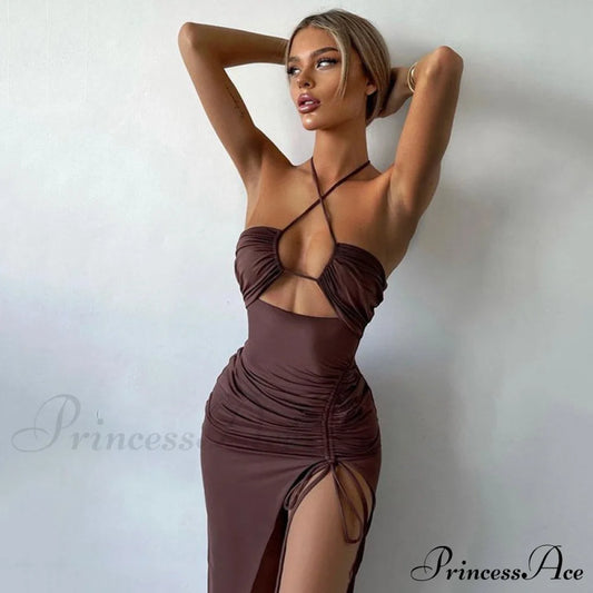 High Split Cowl Neck Open Classic Back Mini Dress - Multicolor M / Brown Party Dresses-L