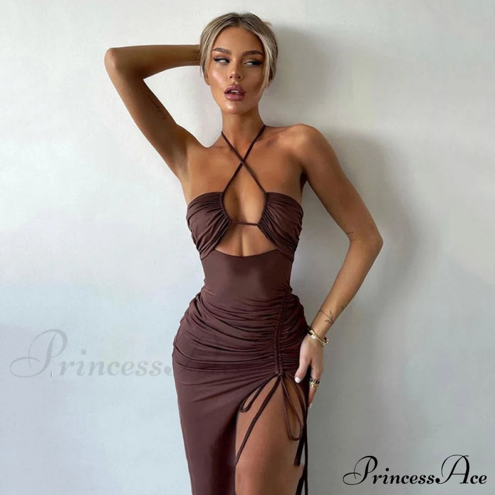 High Split Cowl Neck Open Classic Back Mini Dress - Multicolor S / Brown Party Dresses-L