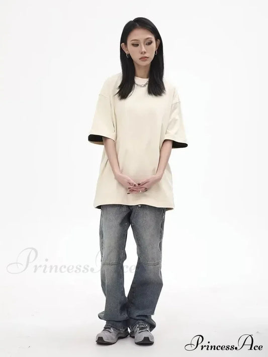 High Street Fashion Brand Made Old Wash Zipper Pocket Woodcut Vintage Loose Straight Leg Jean