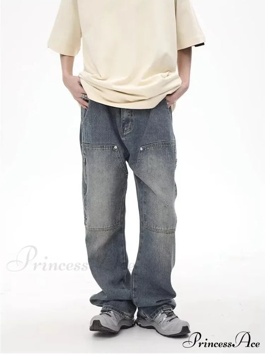 High Street Fashion Brand Made Old Wash Zipper Pocket Woodcut Vintage Loose Straight Leg Jean Blue