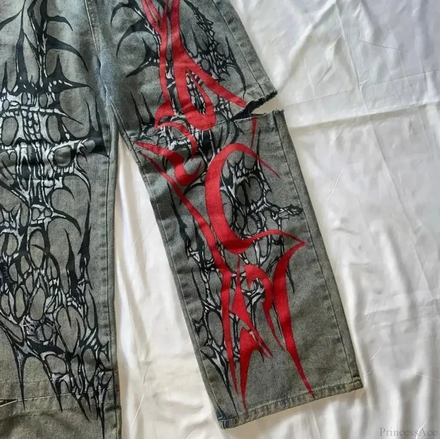 High-Street Printed Wide-Leg Denim Pants