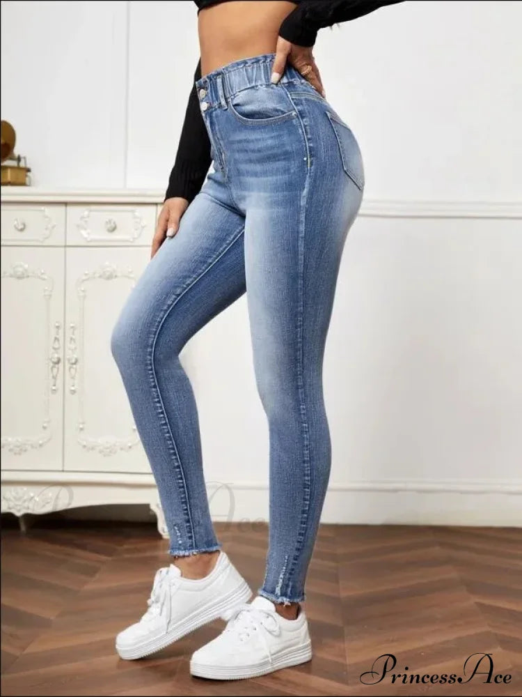 High Stretch Ripped Casual Fashion Elastic Waist Skinny Slim Autumn Jean